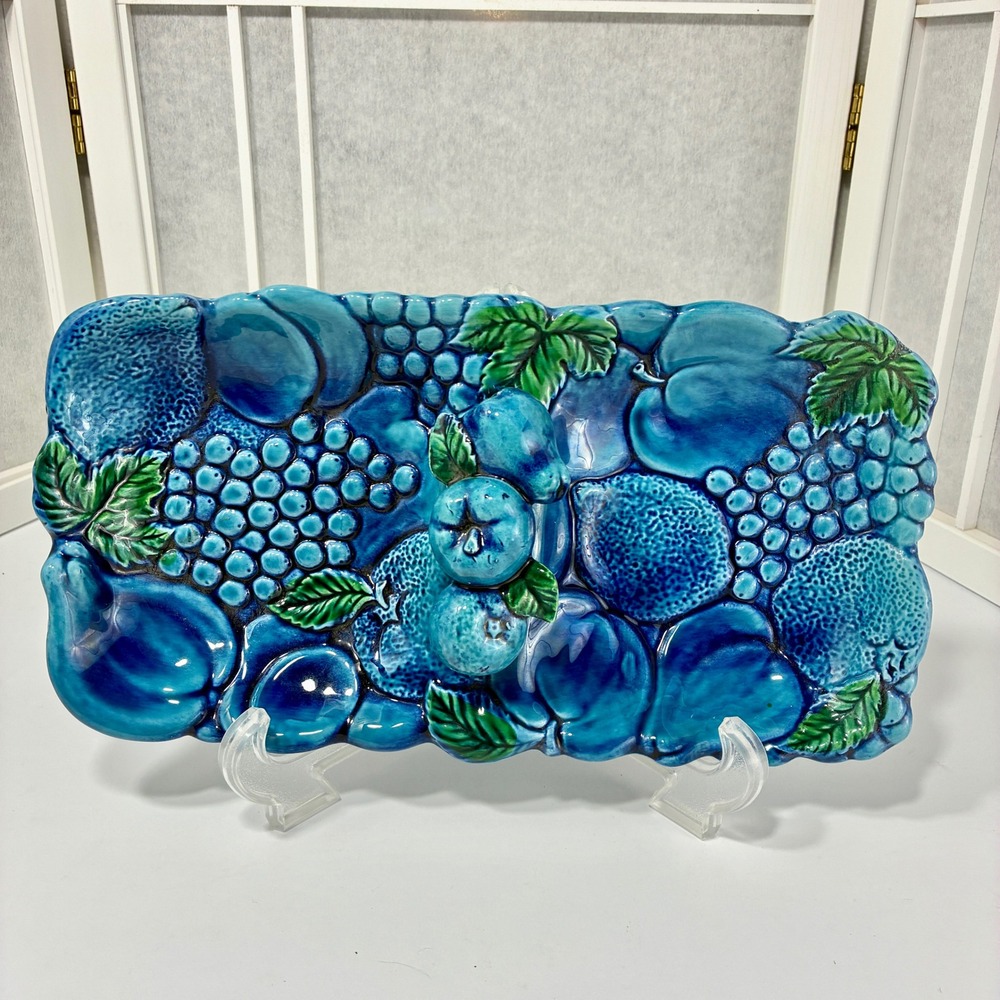 VTG Inarco Japan Mood Indigo Ceramic 3D Divided Serving Dish Majolica styleE2728